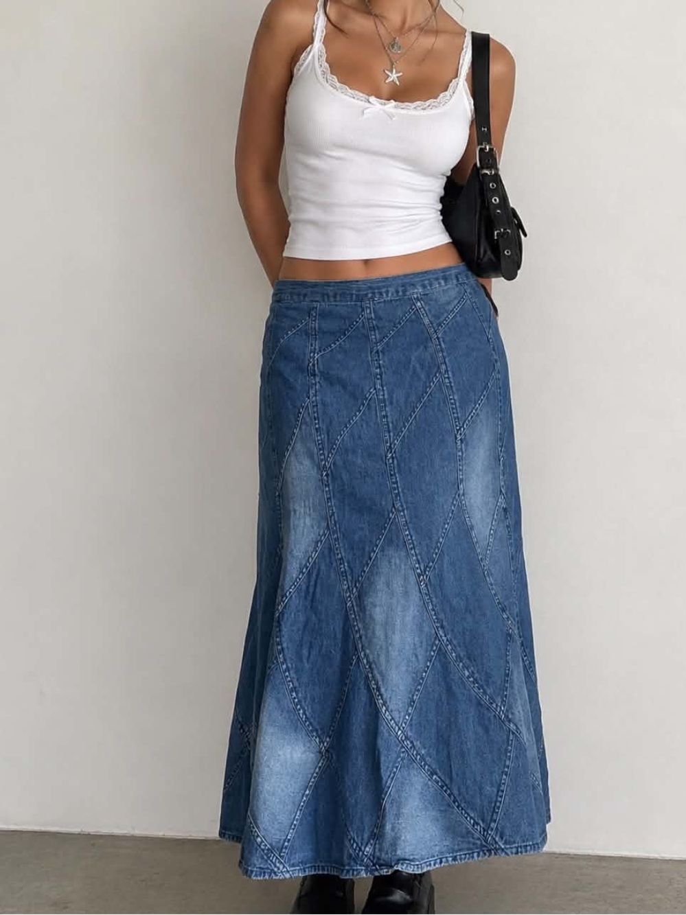 Studio West Y2K Patchwork Denim MIDI Skirt Size Large